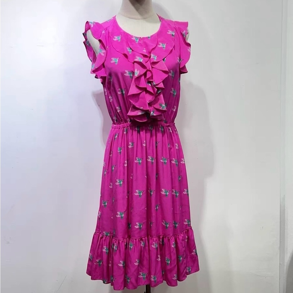 Kate Spade ♠️ 100% SILK Ruffle Midi Dress with Hummingbird Print